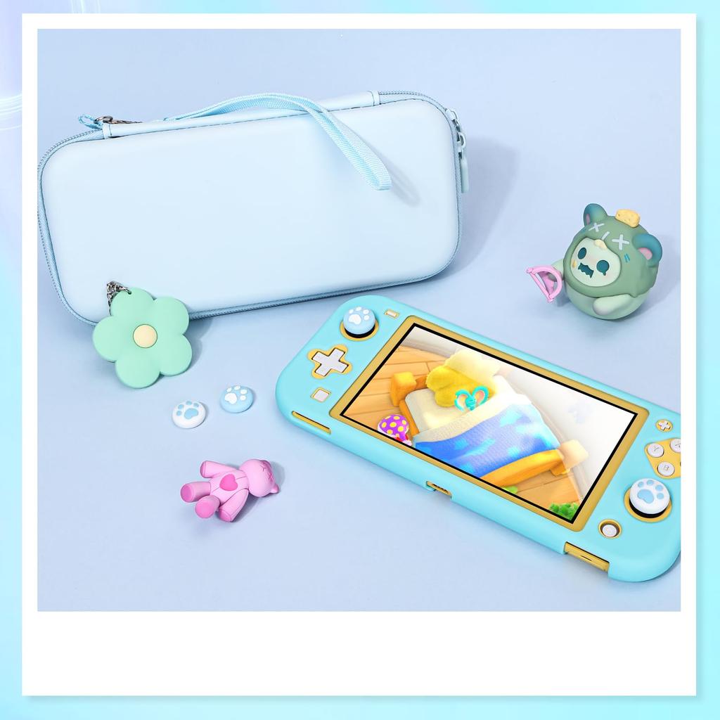 DLseego Switch Lite Case and Bag Set 1 Storage 1 PC 1 Flower and 4 Cat Claw Thumb with Card and Shockproof Design for Portable Travel Blue (Includes