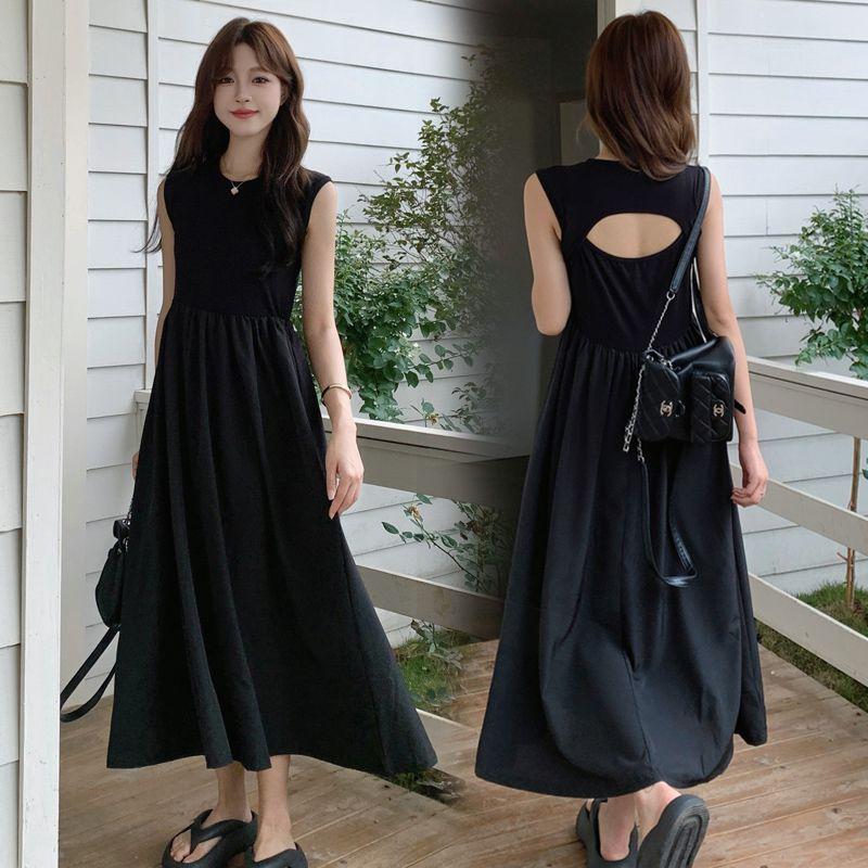 Black Round Neck Sleeveless French Retro Super Fairy Knee Dress Women's Spring Design Halter Long Skirt Women's Clothing