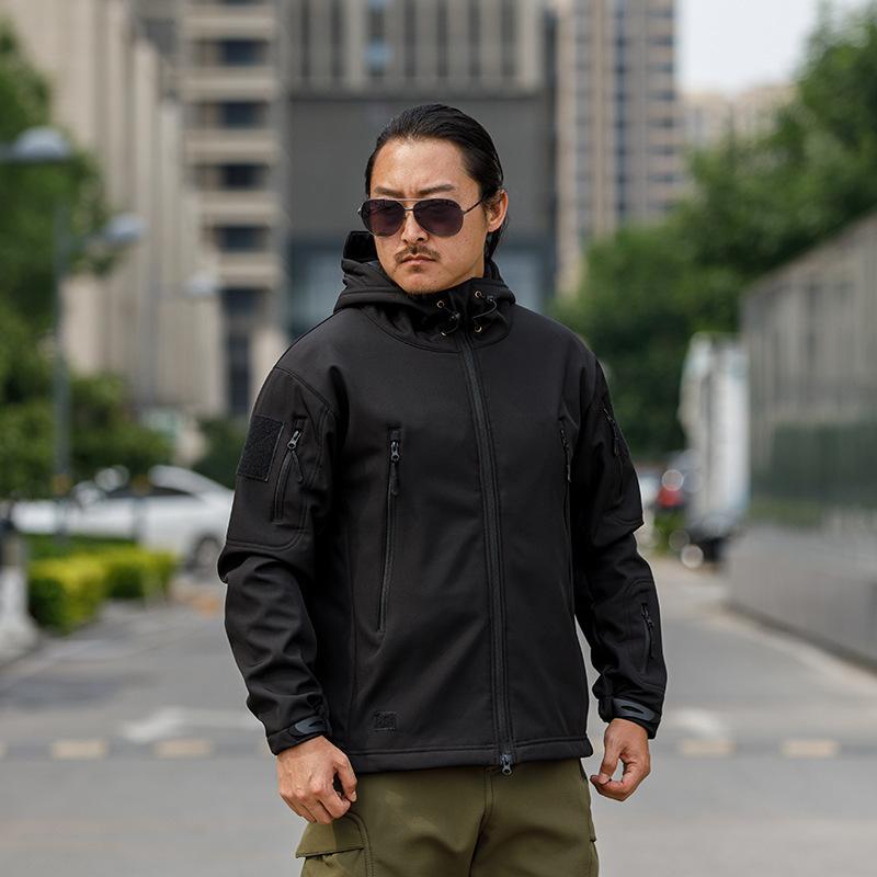 1Pcs Men s soft-shell tactical jacket camouflage coat fleece thickened camouflage uniform hooded coat S чёрный