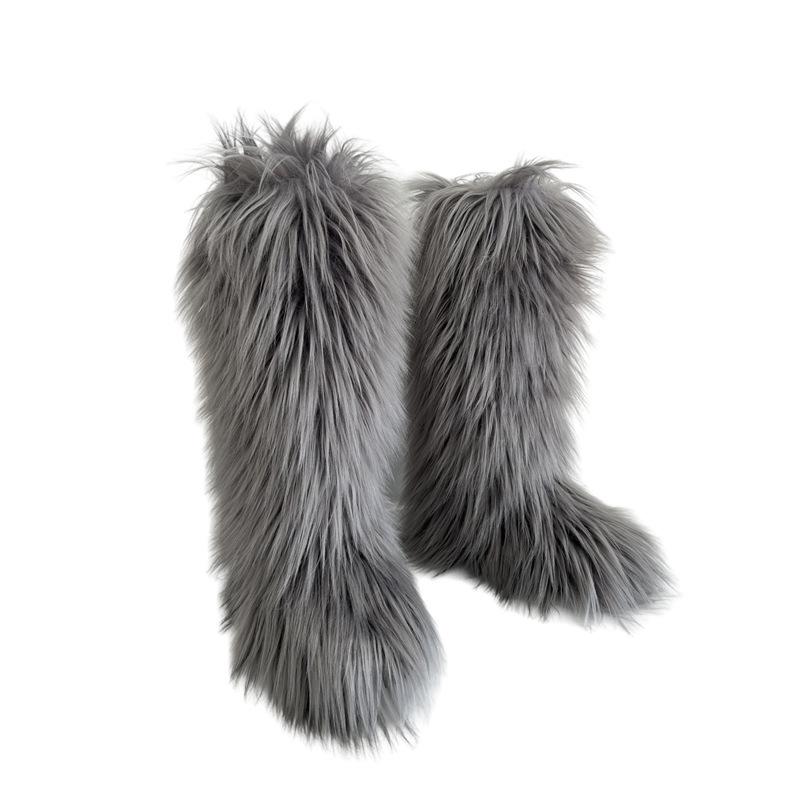 Faux Fur Snow Boot for Women Winter Warm Fluffy Long Furry Long Boots Women's Outdoor Fuzzy Knee-High Boots Plush Warm Snow Shoes for Outdoor Indoor