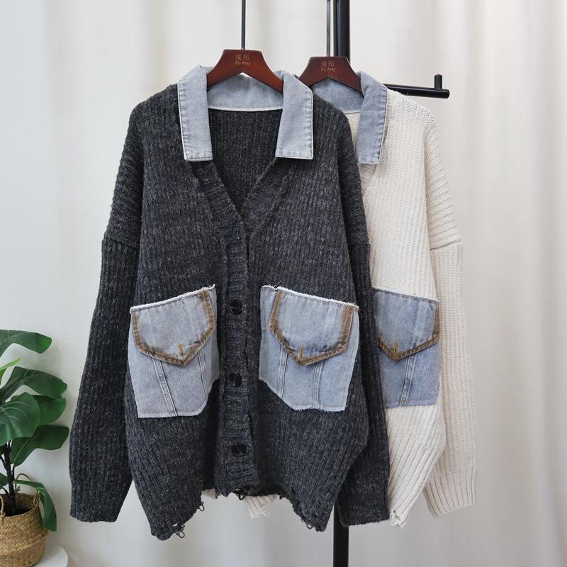 Autumn and Winter New Splicing Denim Knitted Cardigan Design Sense Loose Casual Sweater Jacket Women