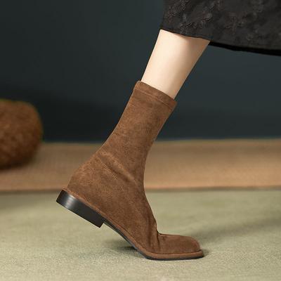 Fashion Suede Elastic Elegant with Low Heels Ladies Mid Calf Shoes Winter 2025 Novelty Sale Y2k Comfortable Goth Women's Half High Boots