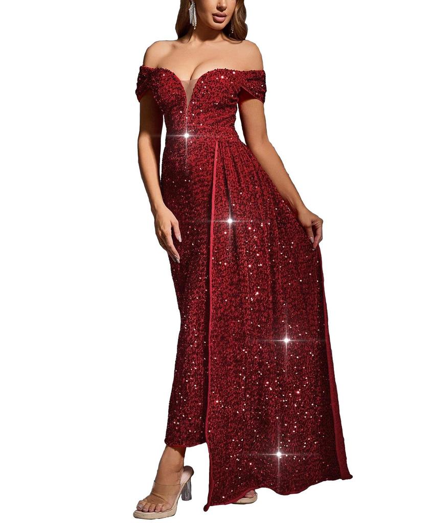 OS7036 Women's Off-the-Shoulder Sequin Sleeveless Dress: European and American Style