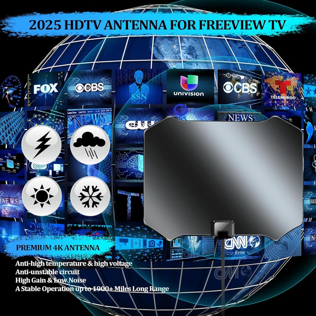 2025 Digital Antenna for Smart TV, 1900+Miles Range Antennas for Local Channels, HDTV Antenna Indoor/Outdoor