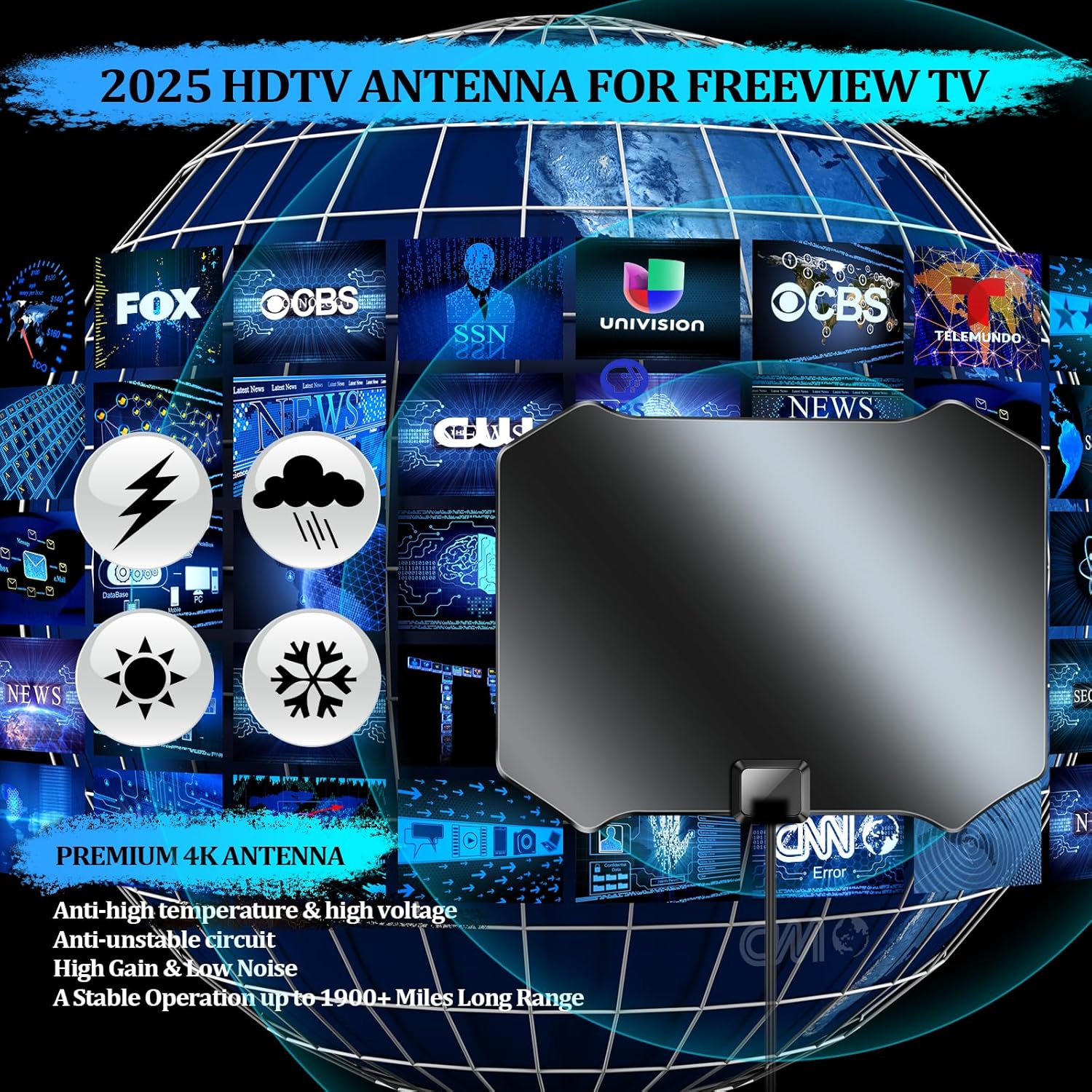 

Цифровая антенна 2025 для Smart TV, Антенны с дальностью более 1900 миль для местных каналов, Антенна HDTV для помещений/улицы