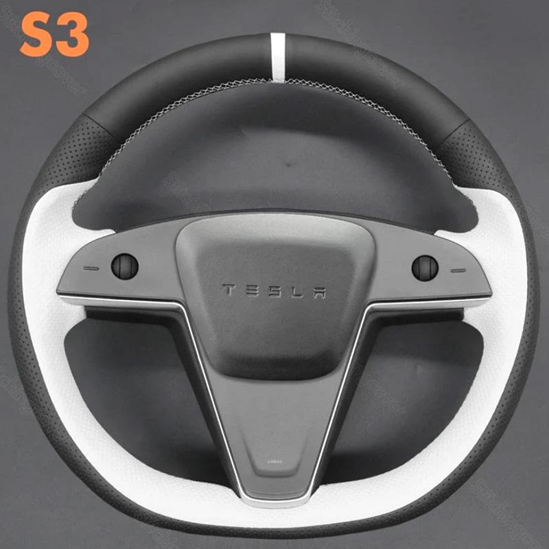 Hand Stitch Non-slip Car Steering Wheel Cover for Tesla Model 3 S X -2024 DIY Soft Suede White Stripe Car Interior