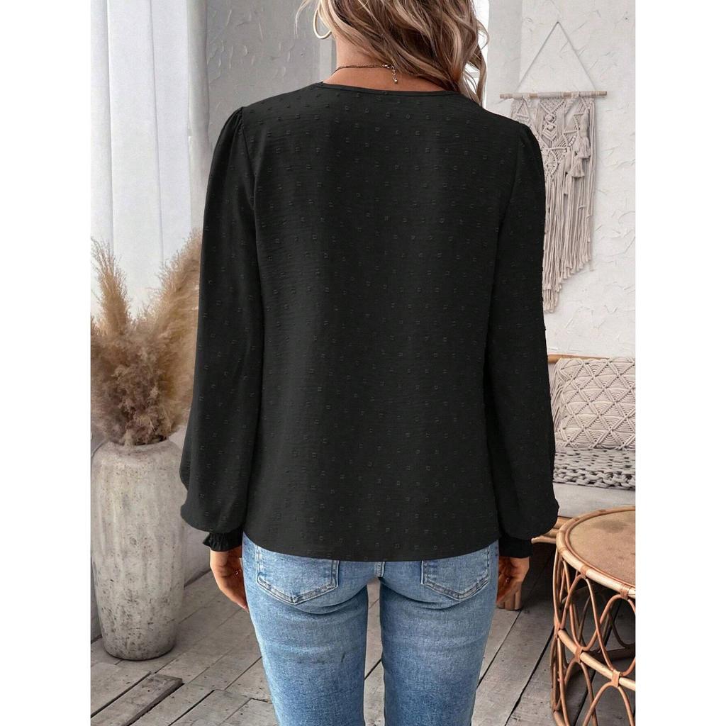 IHUASU Autumn Winter Fashion V-neck Lace Solid Color Long Sleeve Casual T Women's Top