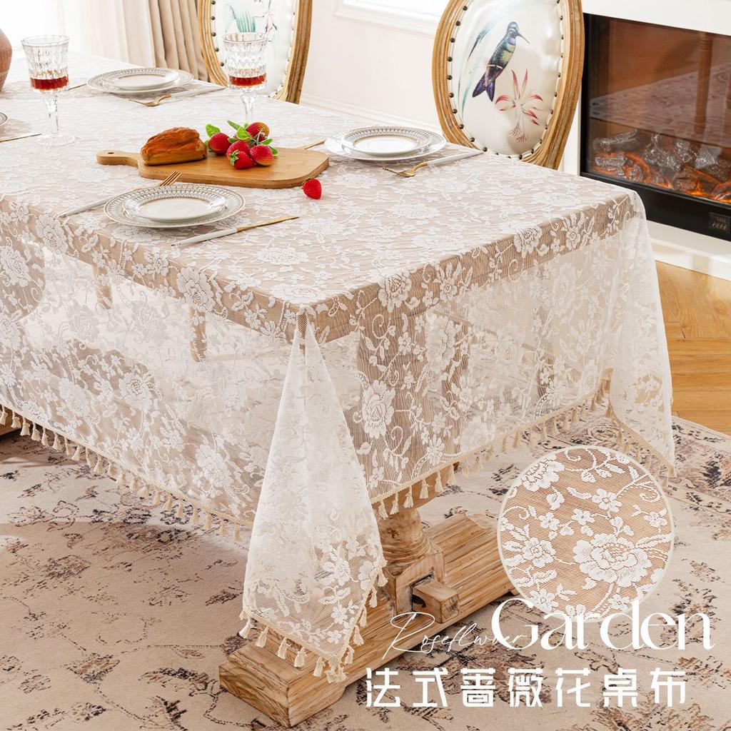 Rose Lace Tablecloth – Lightly Luxurious and Romantic Photo Backdrop / Decorative Cloth – Rectangular Cover for Coffee Tables and Nightstands