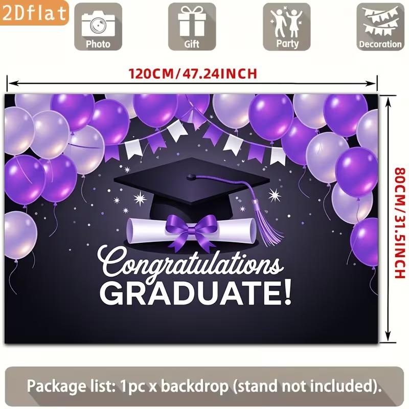 2D Graduation Photo Backdrop, Purple Black "Congratulations Graduate" Themed Party Background