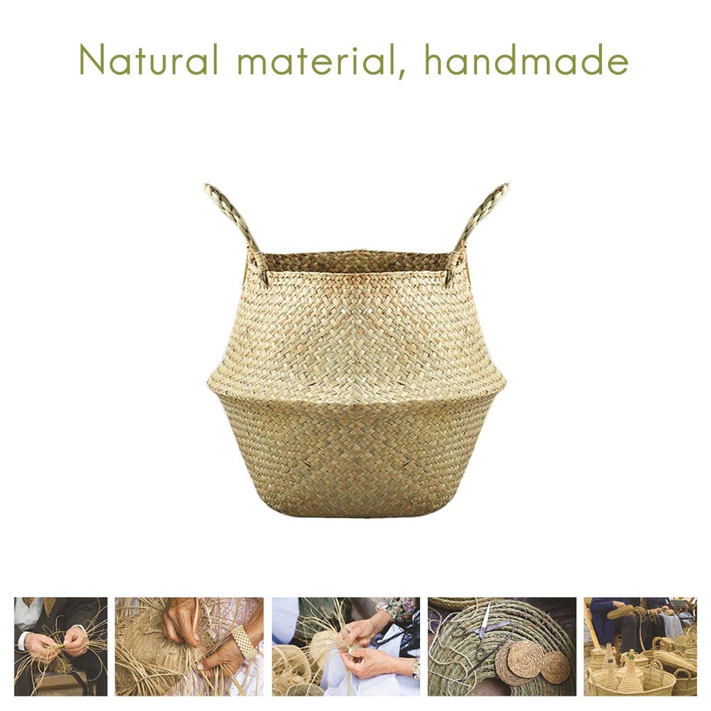 Foldable Seaweed Woven Basket, Straw Fruit Basket, Flower Pot, Planter, Storage Basket with Handle, 32*28cm