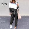 2 Pcs/Set Women Top Pants Suit Round Neck Long Sleeves Colorblock Sport Sweatshirt Drawstring Elastic Waist Trousers Fitness Outfit Fall Spring