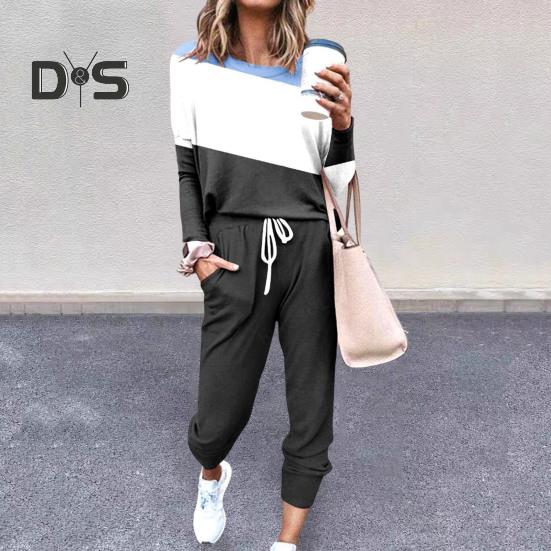 2 Pcs/Set Women Top Pants Suit Round Neck Long Sleeves Colorblock Sport Sweatshirt Drawstring Elastic Waist Trousers Fitness Outfit Fall Spring