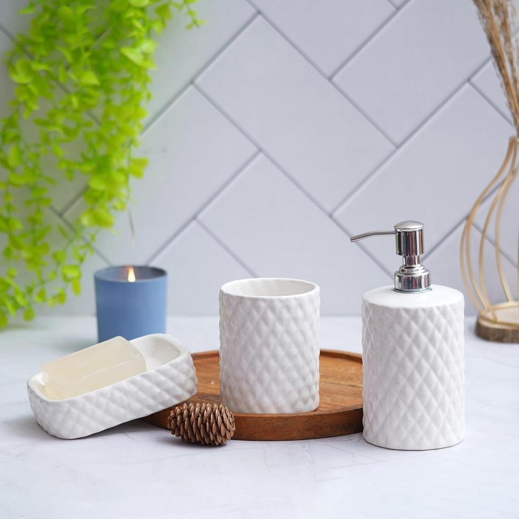 Premium Ceramic Bathroom Accessories Set of 3 | Modern Luxury Bath Set with 300ml Soap Dispenser, Toothbrush Holder & Soap Dish | Bathroom Decor Items
