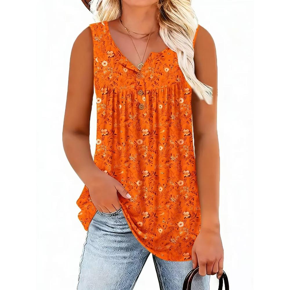 Canotta da donna senza maniche con scollo Henley floreale, vestibilità regolare, stile casual, camicetta estiva