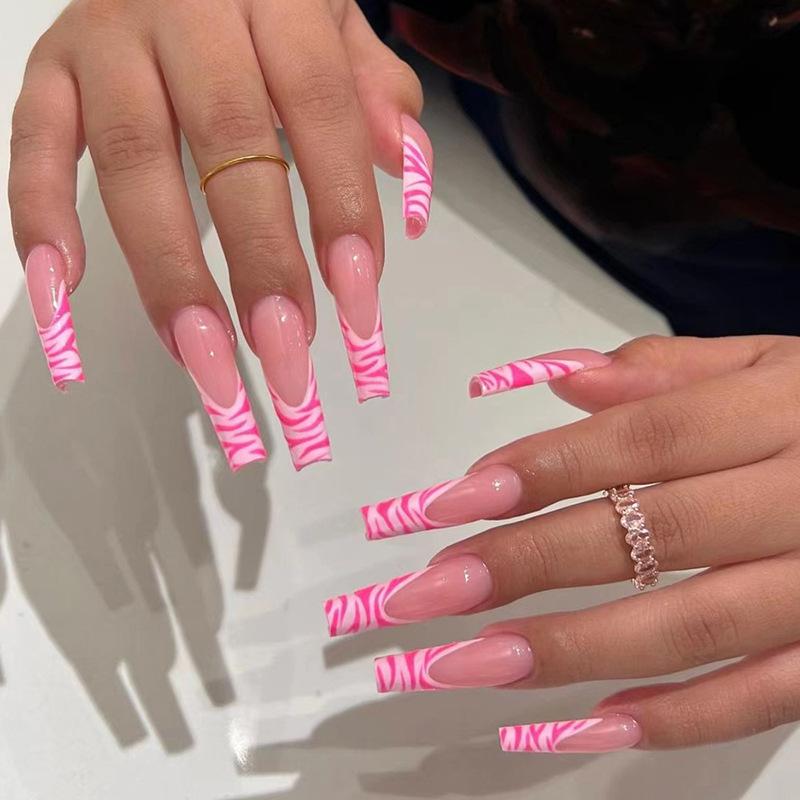 Pink French zebra pattern nail medium and long water pipe nail European and American sweet ins wind fake nail wearing nail