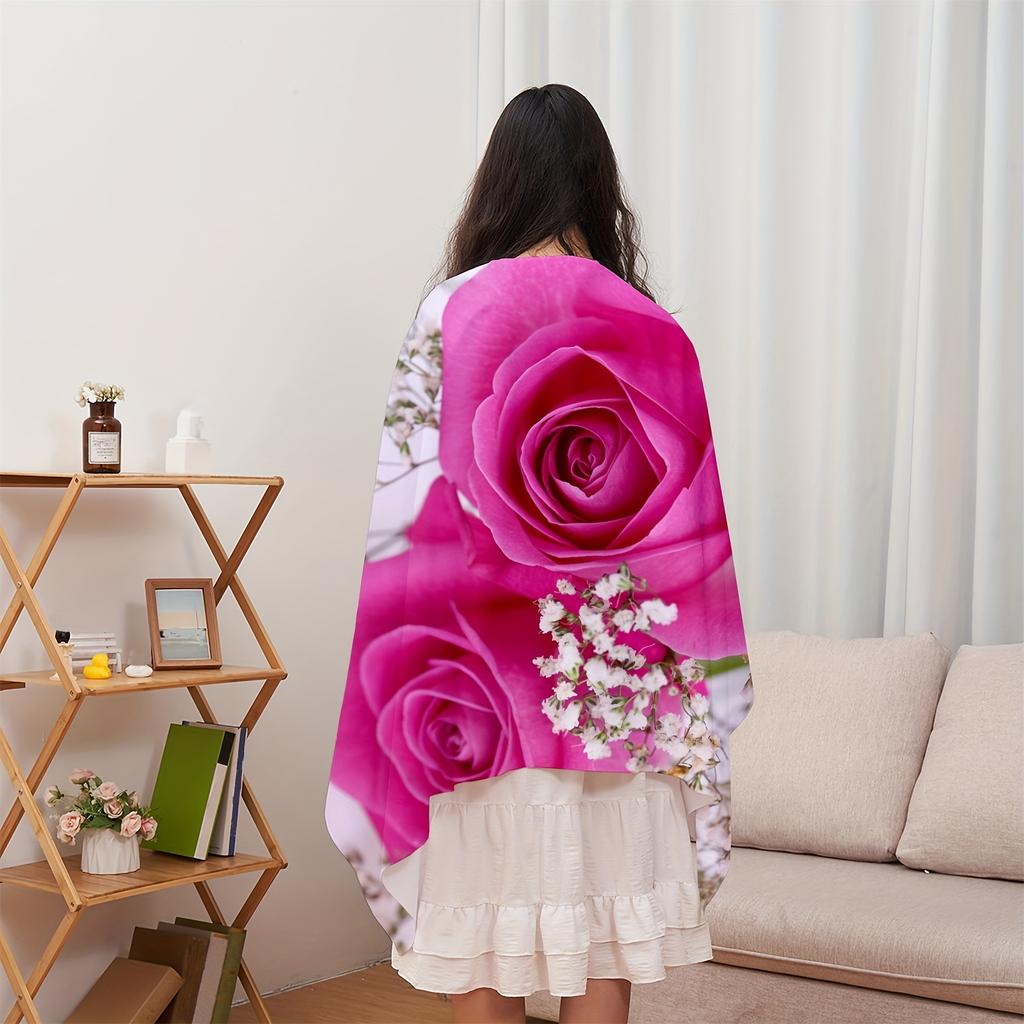 1Tropical Floral Pink Rose Pattern Bath Towel, Polyester Fabric, Machine Washable, Suitable For The Beach, Pool, Camping And Gym
