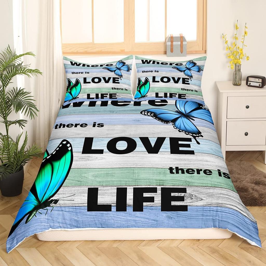 Rustic Farmhouse Wood Door Print Comforter Cover Butterfly Theme Duvet Cover,Girl Women Pink Rose Flower Bedding Set for Bedroom