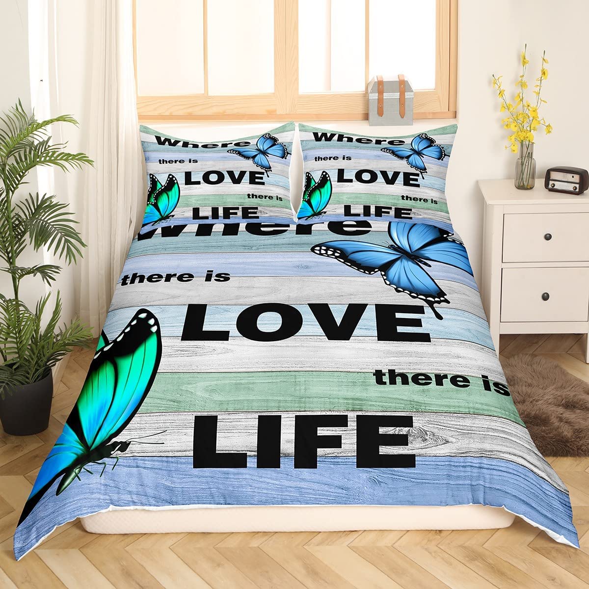 

Rustic Farmhouse Wood Door Print Comforter Cover Butterfly Theme Duvet Cover,Girl Women Pink Rose Flower Bedding Set for Bedroom EU single(135x200cm)