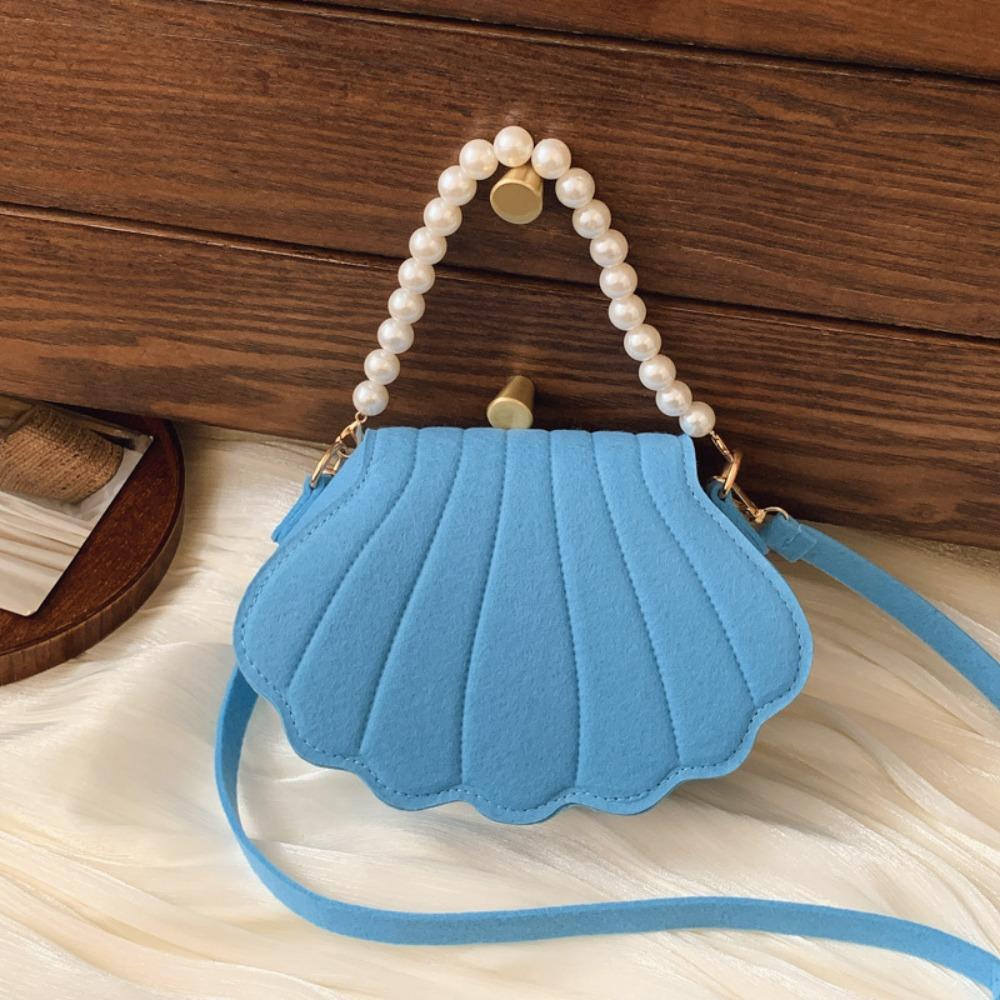 Chic Design Pearl Handheld Women's Bag Shell Shaped Solid Color Single-shoulder Bag Felt Shell Bag for Girls Students