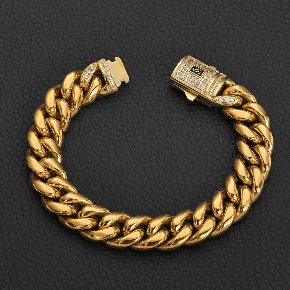 Stainless Steel Bracelet Miami Cuban Plated 14K Gold CNC Men's Jewelry High Polished 14MM Chain Luxury Gift