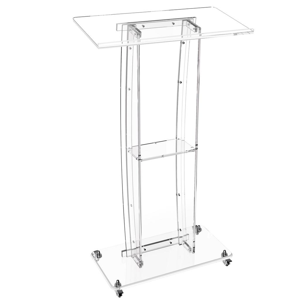 Podium Stand 120 cm Acrylic Lectern Mobile Laptop Desk Storage Shelf, for Schools, Churches and Events, Clear Portable Presentation Lectern Stand with