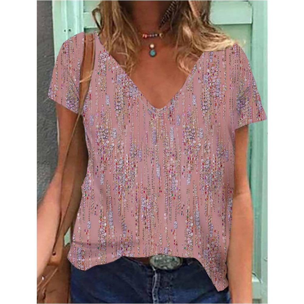 Women's T-shirts Summer Gradient Graphics Tops V Neck Fashion Female Vintage Clothing Floral Print