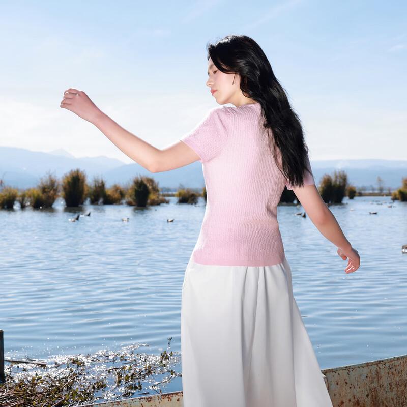 Sancai Plus Size Spring Round Neck Cable Knit Short Sleeve Top
