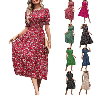 Women's Fashionable Round Neck Short Sleeved Floral Print Holiday Casual Dress