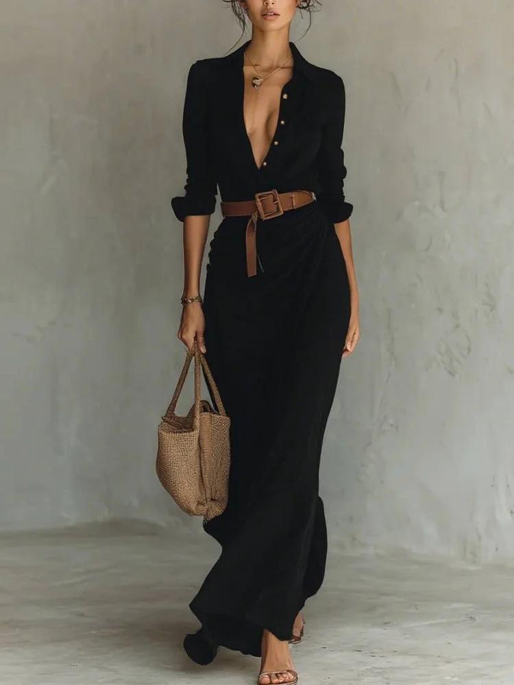 Khaki Shirt Style Long Dress with Deep V Neck and Side Draping