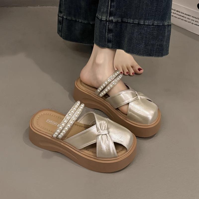 High-end Silver Two-wear Hollow Bag Head Half Slippers Women's 2025 Summer Wear with Skirt Pearl One-pedal Sandals