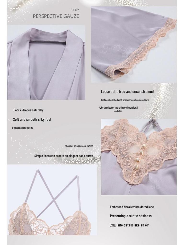 Elegant Spring/Summer Lace Pajama Set: Backless Camisole Nightgown & Cardigan