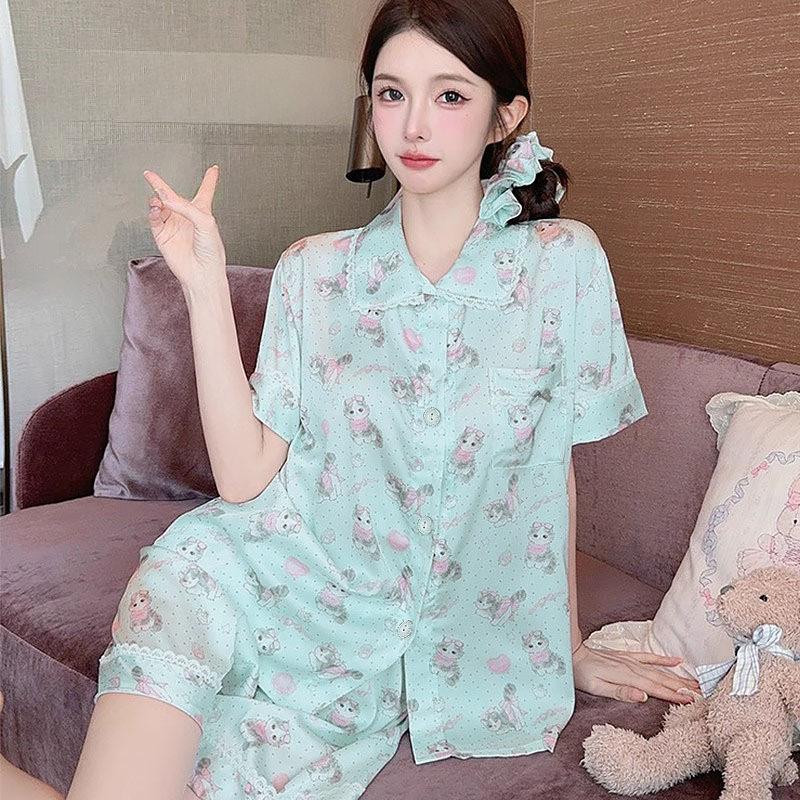 High Value Light Luxury Casual Ice Silk Temperament Pajamas Women'S Short-Sleeved Shorts Set Can Be Worn Outside