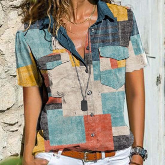 Kvinner kortermet turn-down krage Enkeltspent utskrift Uformell T-skjorte bluse Streetwear