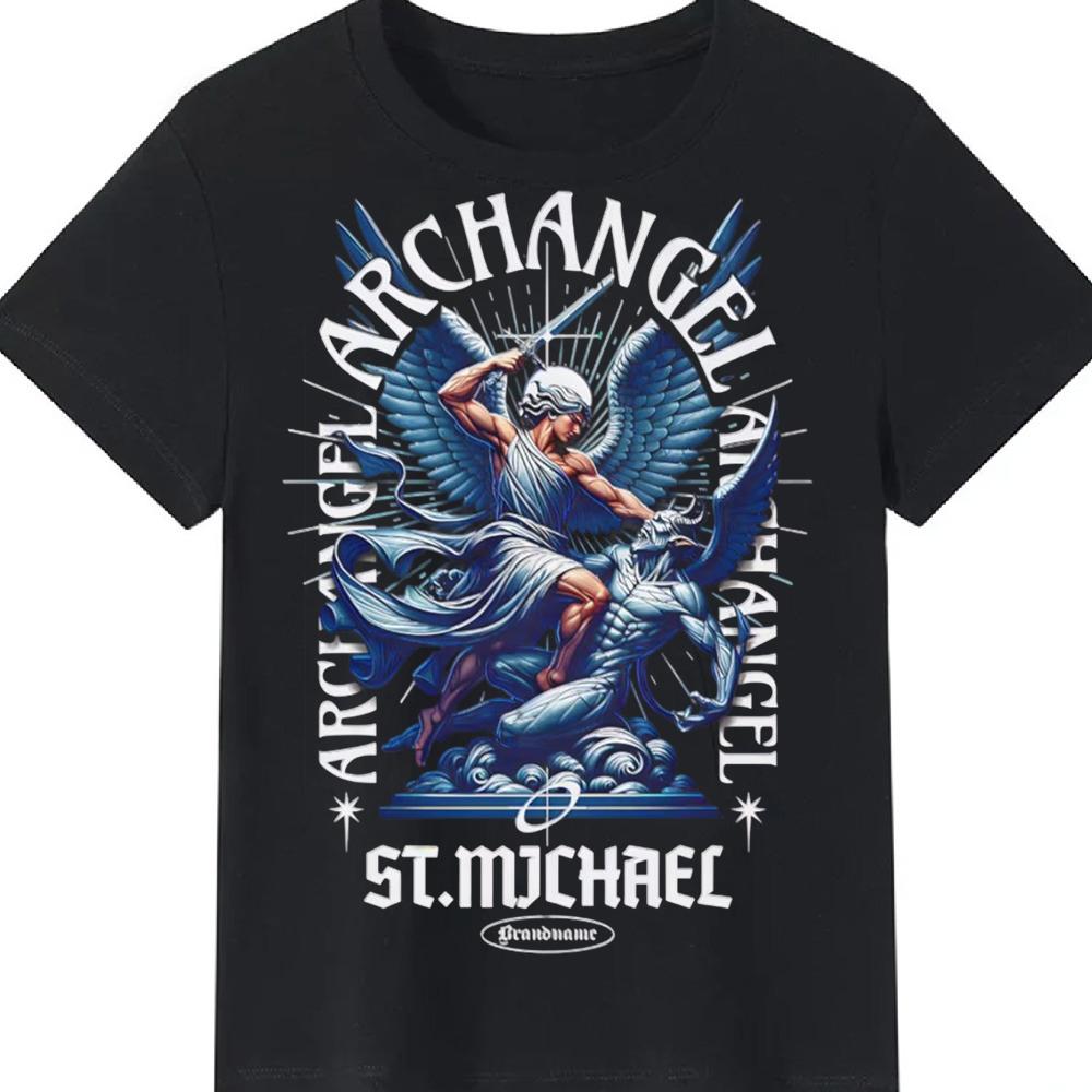 Religious Mythology Graphic T-Shirt Jesus Poseidon Archangel Michael Print Crew Neck Black Top