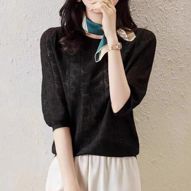 Tenké vyhĺbené pletené tričko Ženy Letné Biele Topy Dámske Tričká do O Neformálne Tričká Žena Krátky rukáv Voľné tričká