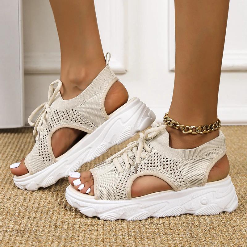 Women's Platform Sports Sandals, Casual Knitted Hollow Out Lace Up Peep Toe Shoes, Outdoor Non Slip Sandals