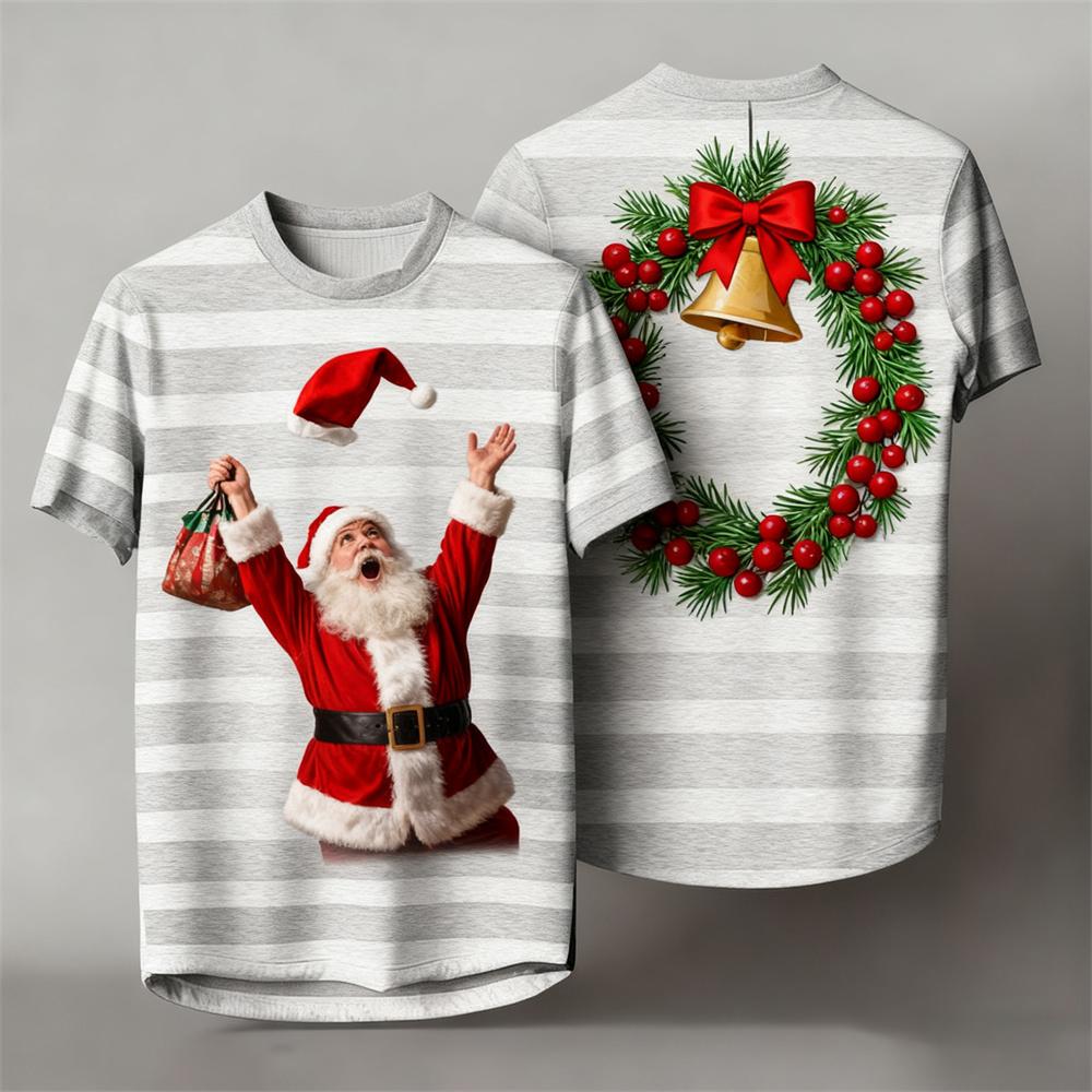 Christmas-Themed Men's Crew Neck Short-Sleeve T-Shirt 3D Santa Claus Striped Print Unisex Comfortable Breathable T-Shirt
