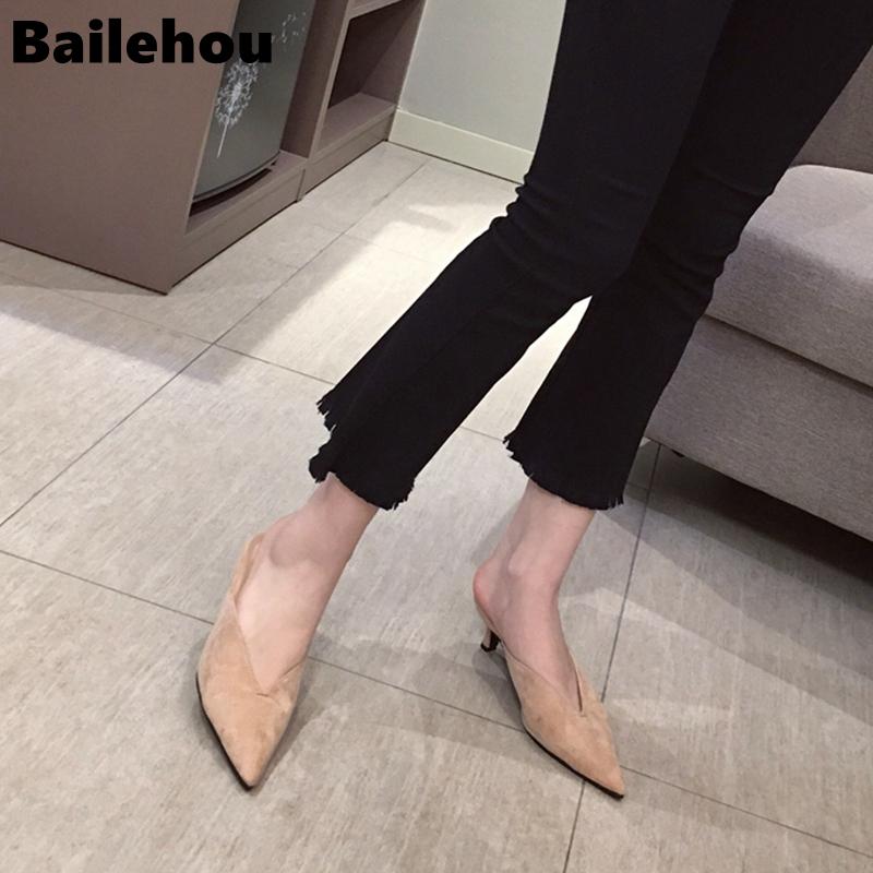 Fashion Bailehou 2025 New Summer Flock Leather Pointed Toe Women Slippers Low Heel Slip On Mules Outsides Ladies Slides Slippers Pumps