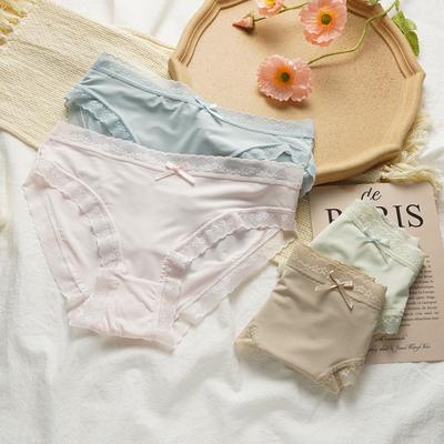 Damen Sommer Dünne Unterwäsche Reine Baumwolle Schritt Nahtlos Mittlere Taille Sexy Spitzenrand Mädchen Slips