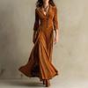 Women'S Solid Color Button-Down Lapel Seven-Quarter Sleeve Long Dress Dress Waist Swing Skirt