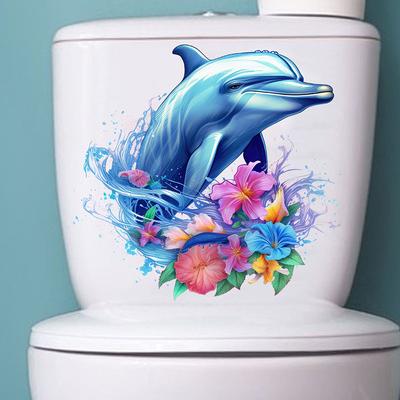 Creative Flower Dolphins Toilet Stickers Self-Adhesive Removable Pvc Mural Wall Decals Refrigerator Bathroom Decoration