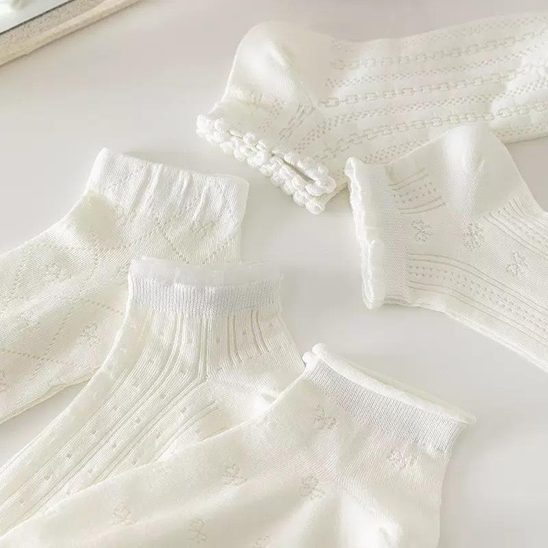 Ballet-style Lace Solid Color Short Socks, Combed Cotton Breathable and Comfortable Short Women's Socks, Simple Mesh Hollowed-out Bow