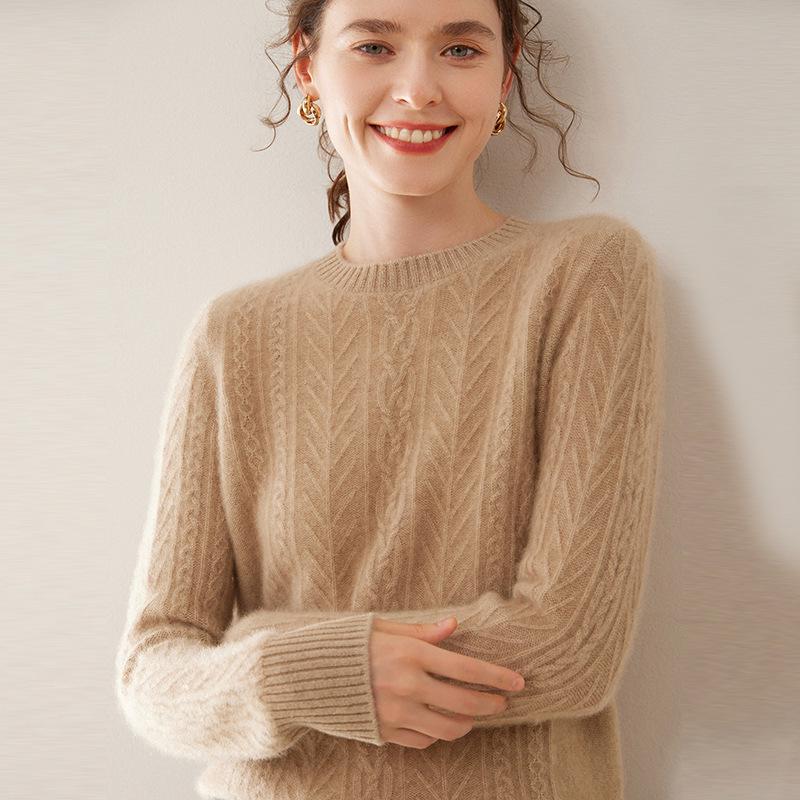 Women's Autumn/Winter Bamboo Leaf Twist Pattern Cashmere Knit Sweater - Round Neck, Loose Fit, Thick, Fashionable, Versatile