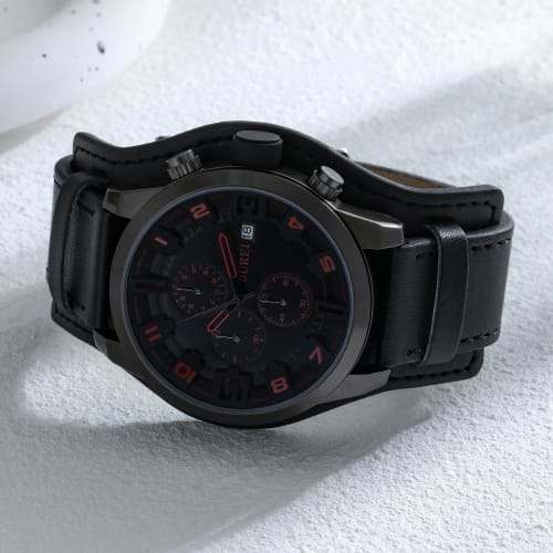BUREI Men's Analog Quartz Watch, Waterproof, Simple Design, Chronograph, Black Leather Strap, Made In Japan, Battery-Operated, Gift