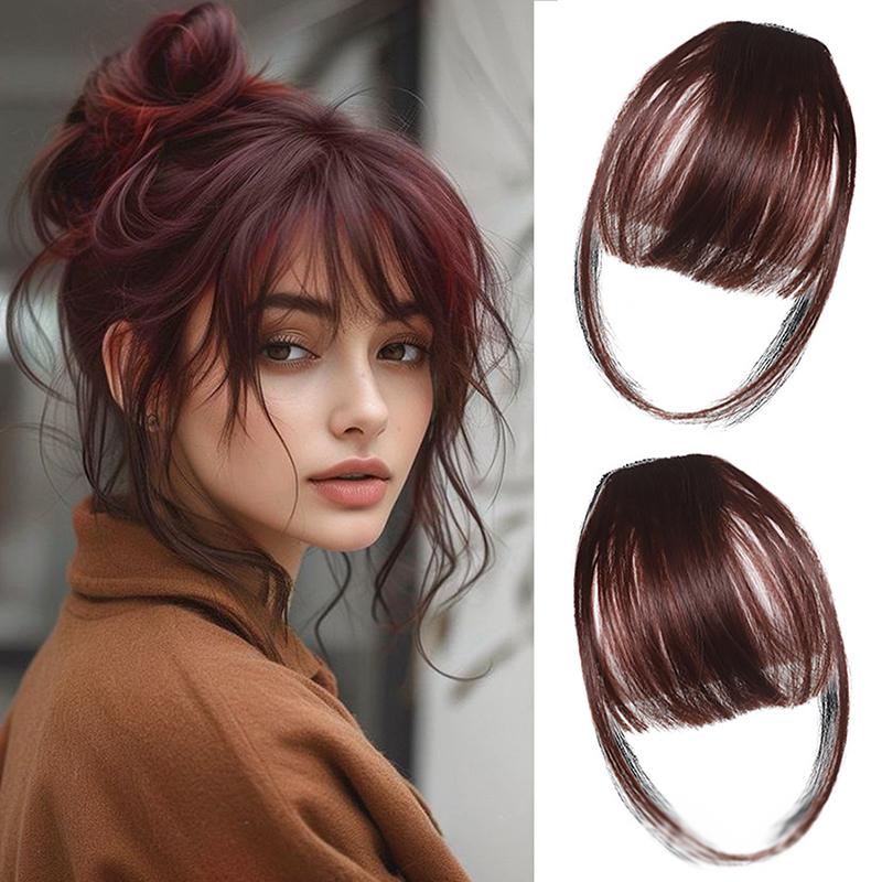 

Синтетична Чубчик-обманка Натуральне Нарощене Волосся Передня Бахрома Волосся Чорно-Коричневий Чубчик на Кліпсах Подвійні Скроні Укладання Волосся 8