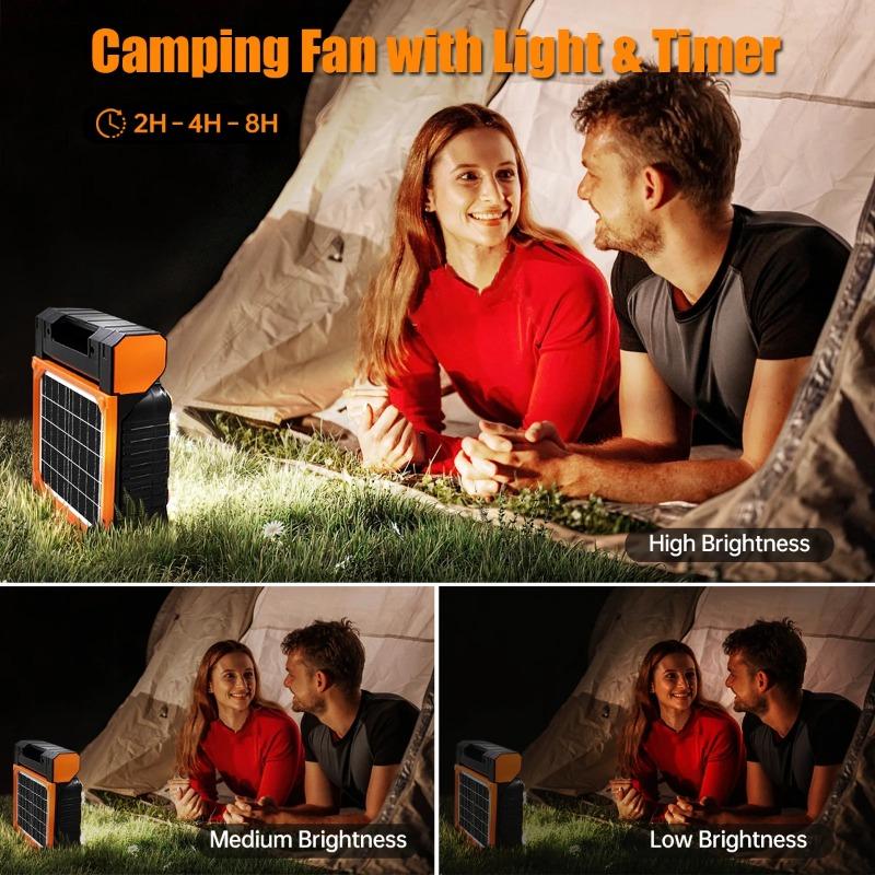 Solar Powered Fan for Camping Portable Rechargeable for Gazebo with LED Light & Timer 4 Speed Cordless Battery Powered for Outdoor Stay Cooling Orange