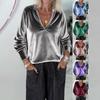 Autumn Winter Women's Emerald Green Velvet V Neck Long Sleeve Blouse Loose Casual Top