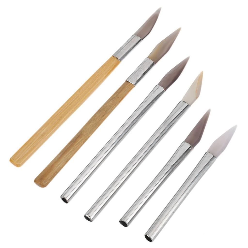 Knife Edged Agate Burnisher Set Craft Polishing Tools Carving Precious Metal with Bamboo Iron Handle
