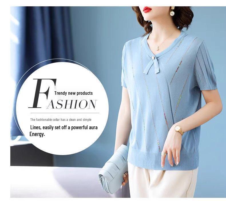 2026 Stylish Ice Silk Short-Sleeve Top for Mom: Lightweight Summer Wear for Middle-Aged & Elderly