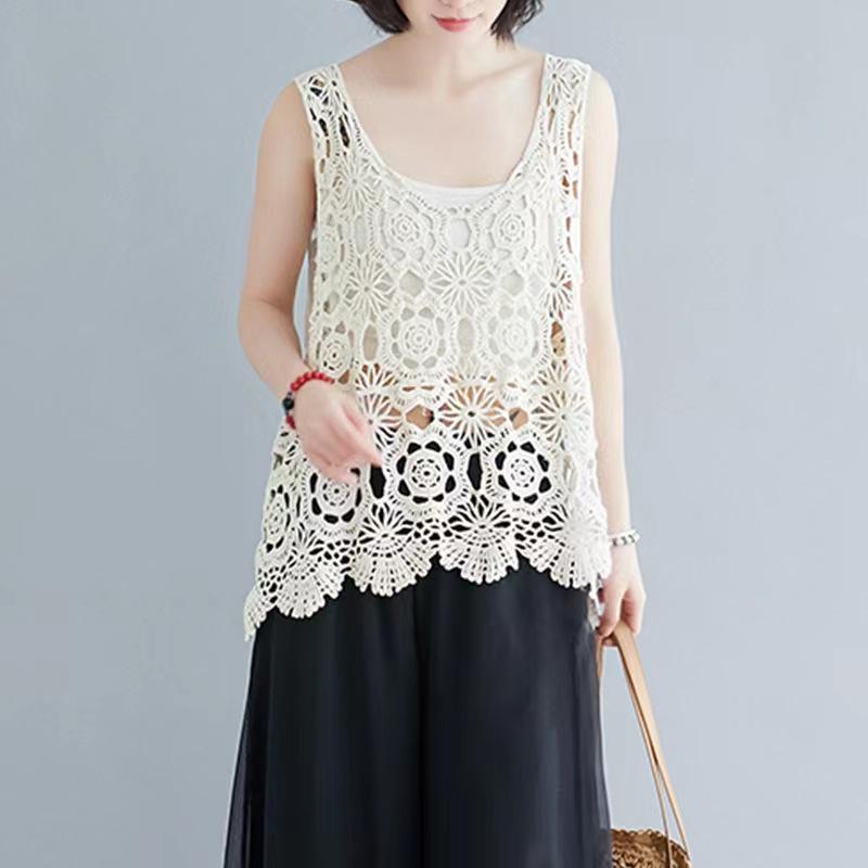 Mori Style Vintage Häkelspitze Camisole: Damen Lockerer Oberbekleidungsweste und Strickjacke